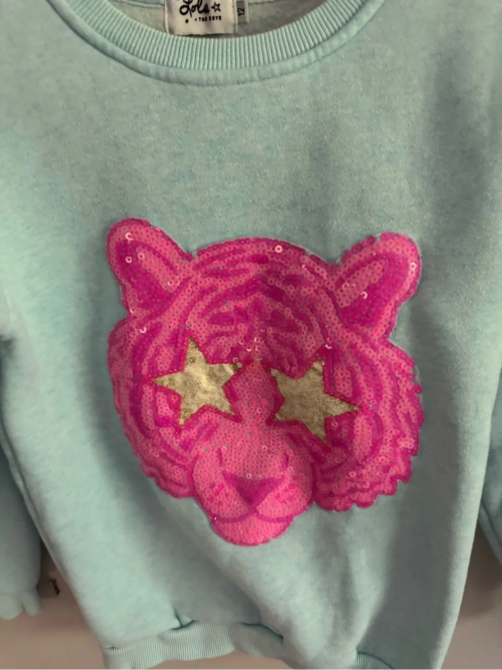 Lola + The Boys Aqua Sweatshirt with Pink Tiger Patch and Gold Stars - Picture 4 of 4